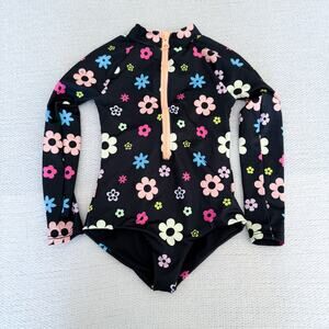 Beach Riot Black + Multi Flower Print Long Sleeve Rashguard One Piece Swimsuit